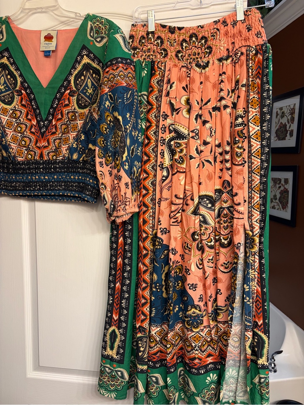 FARM Rio for Anthropologie Peach, Green & Navy Boho Printed Two-Piece Set